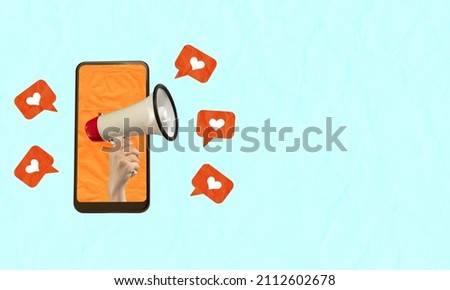 Contemporary art collage. Modern design. Female hand with megaphone sticking out phone screen with like icons promoting online shopping. Concept of Internet purchase, worldwide network and ad