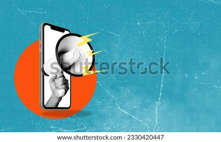 Contemporary art collage. Modern design. Hand with megaphone sticking out on phone screen with space for advertisement. Concept of internet shopping, World Wide Web and advertising