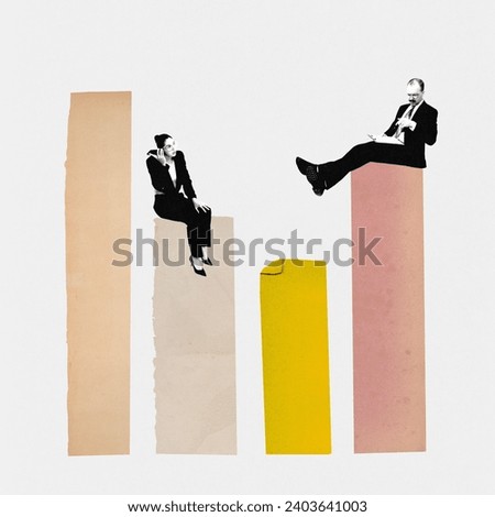Contemporary art collage. Monochrome employers, man and woman sitting on histogram graph and working on strategy planning. Concept of business development, career, strategy, social network. Ad