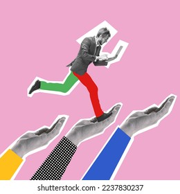 Contemporary art collage. Motivated man, employee working on laptop and running on human hands. Professional growth. Concept of business, occupation, surrealism, ambitions. Conceptual design - Shutterstock ID 2237830237