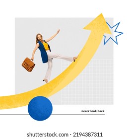 Contemporary art collage. Motivated young woman, employee walking on growing arrow symbolizing only way forward. Never look back. Concept of ambtitions, success, growth, business, motivation