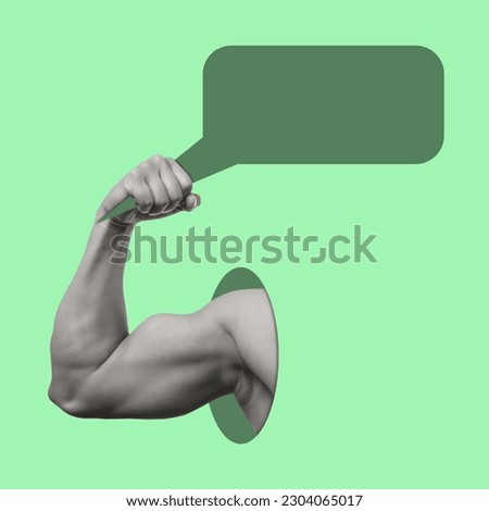 Contemporary art collage with a muscular hand holding dialogue bubble. Concept of communication, news, chat. Fitness motivation. Modern design.  Copy space.