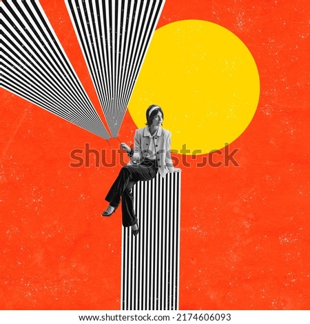 Contemporary art collage. New idea or creative inspiration. Woman over abstract optical illusion on color background. Concept of retro style, imagination, artwork, ad and creative ideas in business