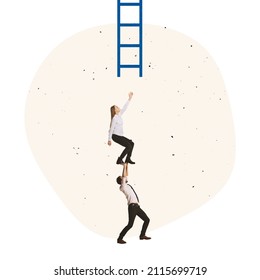 Contemporary Art Collage. Office Worker Helping Employee To Reach Climbing Ladder Of Success. Teamwork, Partnership Assistance. Concep Of Support, Help, Cooperation, Business, Growth, Career, Team
