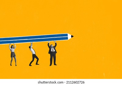 Contemporary art collage. Office workers, employees carrying huge pencil symbolizing successful teamwork, assistance and cooperation. Concept of business team, career growth, motvation