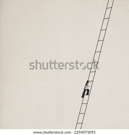 Contemporary art collage with one girl, woman climbing up the career ladder to achieve success over light background. Monochrome. Concept of motivation, professional growth, goal, aim, business, ad