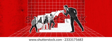 Contemporary art collage. Opposition. Employees feeling strong and safe together, making opposition to angry boss shouting in megaphone. Concept of business, cooperation, partnership, career, ad