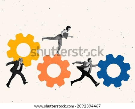 Contemporary art collage of people, employee connecting mechanism symbolizing team work. Concept of business, success, leadership, connection, ideas, inspiration, company growth and ad