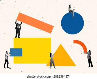 Contemporary art collage of people, employees carrying geometric figures symbolizing team work. Concept of team, business, success, professional growth, career, analytics. Copy space for ad