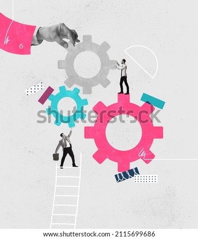 Contemporary art collage of people making, connecting gears symbolizing teamwork, working experience. Profitable marketing. Concept of teamwork, business, analytics, statistics, professional growth
