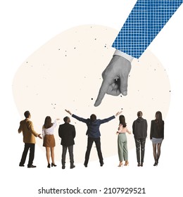 Contemporary art collage. People standing in a line and gian hands choosing one man symbolizing job hiring. Successful candidate. Concept of achievement, employment, success, vacancy, job and career