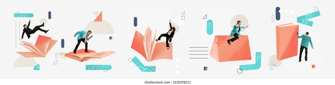 Contemporary art collage. People walking, standing, falling into giant book wsymbolizing new knowledges. Discovering new information. Creative design. Concept of business, education, study