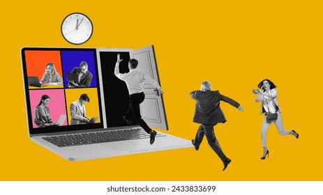 Contemporary art collage. People workers running to open door in laptop on which taking place online meeting. Hyrbrid work in office and in distance. Concept of business, multitasking, management. Ad