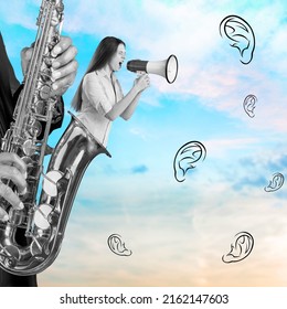 Contemporary art collage of person into trumpet aruound flying ears shouting in megaphone