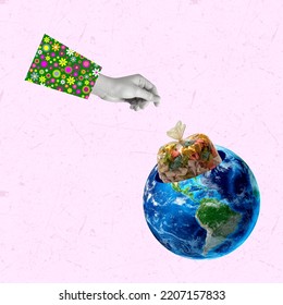 Contemporary art collage of the planet Earth, human hand and rubbish. Concept of environment, recycling, preservation, nature. Zero waste concept. Separate rubbish. Copy space.
 - Shutterstock ID 2207157833
