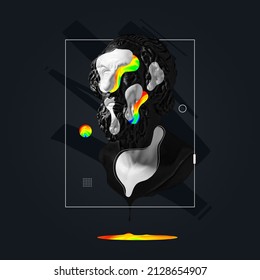 Contemporary art collage with plaster head and bust of ancient statue isolated on dark fluid geometric background with neon paints. Modern design. Surrealism. Modern unusual art. Postmodernism - Powered by Shutterstock