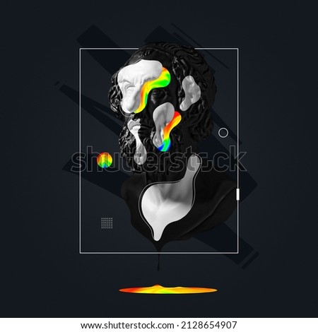 Contemporary art collage with plaster head and bust of ancient statue isolated on dark fluid geometric background with neon paints. Modern design. Surrealism. Modern unusual art. Postmodernism