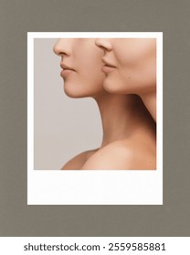 Contemporary art collage. Polaroid-style image of two women's side profiles, smooth jawlines, soft lighting emphasizing elegance. Concept of natural beauty, cosmetology, female health. Ad