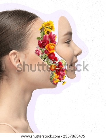 Contemporary art collage. portrait of beautiful young girl and red yellow flowers isolated on light background. Side view. Square composition. Modern artwork. concept of beauty, blossom, femininity.