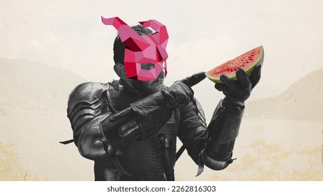 Contemporary art collage with portrait of medieval knight with 3D origami mask on his face holding slice of watermelon. Concept of art, creativity, fashion, eras comparison, style and aspiration - Powered by Shutterstock