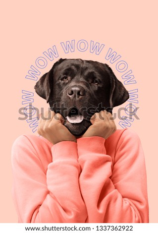 Contemporary art collage or portrait of surprised dog headed woman. Modern style pop zine culture concept.