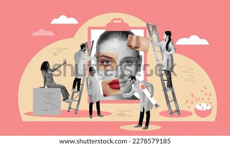Contemporary art collage, poster. Doctors helping female patient with plastic surgery. Face lifting. Concept of beauty treatment, plastic surgery, medicine, clinical cosmetology, ad