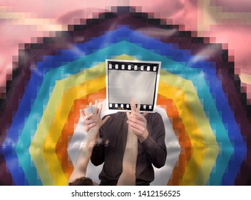 Contemporary Art Collage Of Quirky Couple Holding Hands, Modern Style Zine Culture Concept, Real 35mm Film Strip On His Head