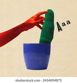 Contemporary art. collage. Red hand pinches green, textured cactus in blue pot with letter A floating beside. Concept of tactile curiosity and the boldness of exploration even when it risky or painful - Powered by Shutterstock