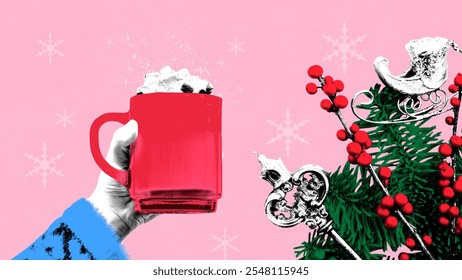 Contemporary art collage. Red mug with whipped cream held against pink background featuring traditional Christmas decor like berries, pine branches, and snowflakes. Concept of presents, festive. Ad - Powered by Shutterstock