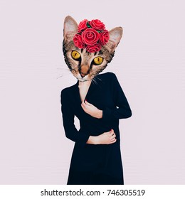 Contemporary Art Collage. Retro Lady  Cat. Minimal Design Flat Lay