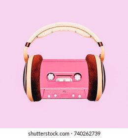 Contemporary Art Collage. Retro Lover. Audio Cassette And Headphones Minimal Fashion 
 Flat Lay Art