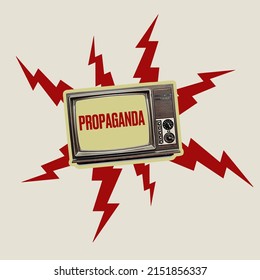 Contemporary Art Collage. Retro TV Set Spreading Propaganda, Fake News Isolated Over Grey Background. Total Disinformation Of Society. Concept Of Creativity, Vintage Design, Rumors. Copy Space For Ad