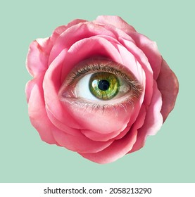 Contemporary art collage. Romantic flowers roses eye. Eyeball in flower.Modern conceptual art poster with a rose with beautiful green 
eye in a mas surrealism style. - Shutterstock ID 2058213290