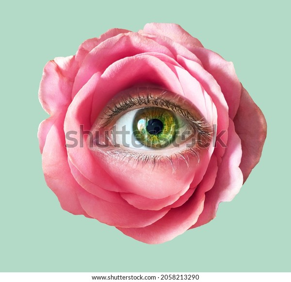Contemporary art collage. Romantic\
flowers roses eye. Eyeball in flower.Modern conceptual art poster\
with a rose with beautiful green \
eye in a mas surrealism\
style.