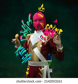 Contemporary art collage. Royal person, hussar in balaclava eating fried chicken leg isolated over vintage green background. Fast food. Concept of combination of eras, modernity and past