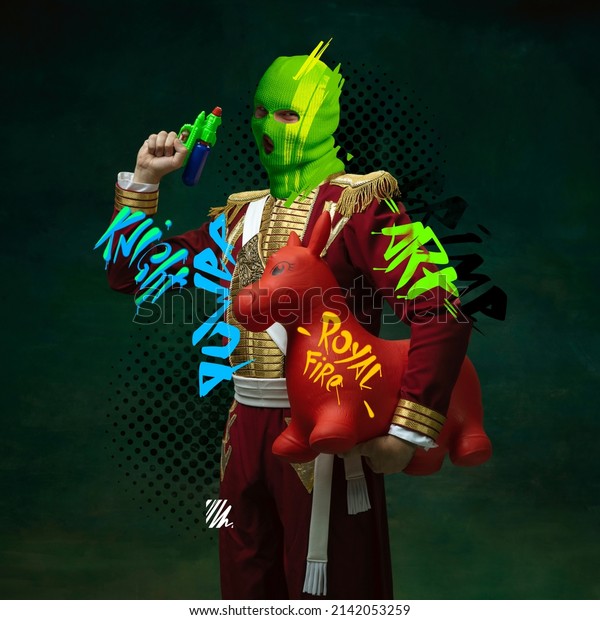Contemporary\
art collage. Royal person, hussar in balaclava with toy gun and\
horse isolated over vintage green background. Fake danger. Concept\
of combination of eras, modernity and\
past