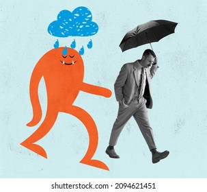 Contemporary art collage. Sad man with personal problem walking under rain with cute drawn cartoon little man, blot on bright background. Concept of inner world, problems, support - Shutterstock ID 2094621451