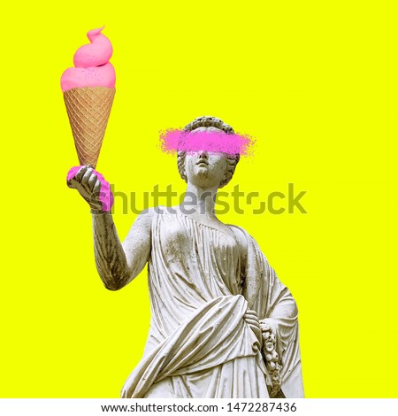 Contemporary art collage. Sculpture renaissance Woman and big Ice cream