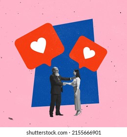 Contemporary Art Collage. Senior Man Shaking Hand Of Young Woman Under Social Media Likes. Social Marketing Success. Concept Of Social Media, Influence, Popularity, Modern Lifestyle And Ad