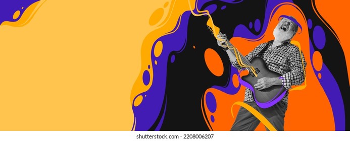 Contemporary art collage. Senior man, musician playing guitar like rockstar. Colorful splashes design. Concept of music lifestyle, artwork, festival, creativity. Copy space for ad, poster