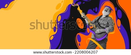 Contemporary art collage. Senior man, musician playing guitar like rockstar. Colorful splashes design. Concept of music lifestyle, artwork, festival, creativity. Copy space for ad, poster