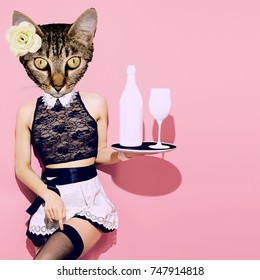 Contemporary art collage. Sexy Kitty waitress. Minimal fashion modern design