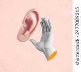 Contemporary art collage showing a giant ear listening to a businessman covering it with his hand, concept of unwanted information