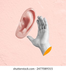 Contemporary art collage showing a giant ear listening to a businessman covering it with his hand, concept of unwanted information