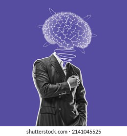 Contemporary art collage. Silhouette of businessman in stylish suit with digital brain scheme isolated over purple background. Technoloy era. Artificial intelligence, cybernetic mind concept. - Shutterstock ID 2141045525