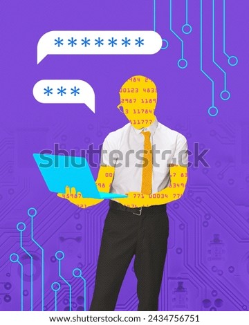 Contemporary art collage. Silhouette with encoding holds laptop with speech bubbles with encoded data. Protective measures. Concept of confidentiality on Internet, cybersecurity, digital crime, safety
