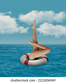 Contemporary Art Collage. Slim Female Legs Sticking Out Swimming Circle Isolated Over Sea Background. Retro Style Cretive Design. Concept Of Summer, Holiday, Artwork, Surrealism, Vintage