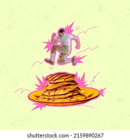 Contemporary Art Collage. Stylish Man Jumping Over Delicious Pancakes With Jam Isolated Over Light Yellow Background. Concept Of Vintage Style, Creativity, Surrealism, Food Aesthetics, Magazine Style