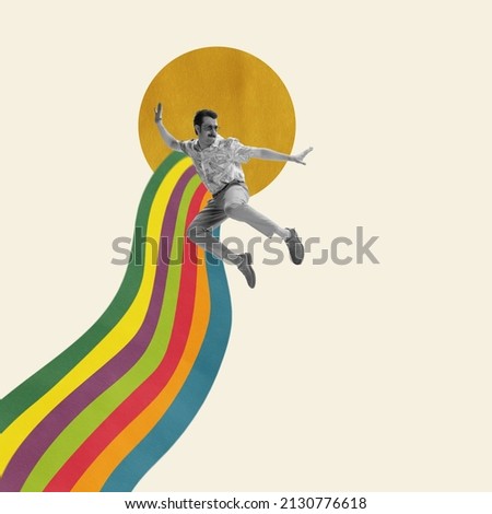 Contemporary art collage. Stylish man in sunglasses jumping over rainbow background. Colorful design. Retro and vintage style. Concept of youth culture, joy, freedom. Copy space for ad
