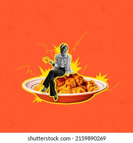 Contemporary Art Collage. Stylish Woman Sitting On Plate With Delicious Pasta Isolated Over Orange Background. Retro Style. Concept Of Surrealism, Creativity, Italian Food Aesthetics, Artwork